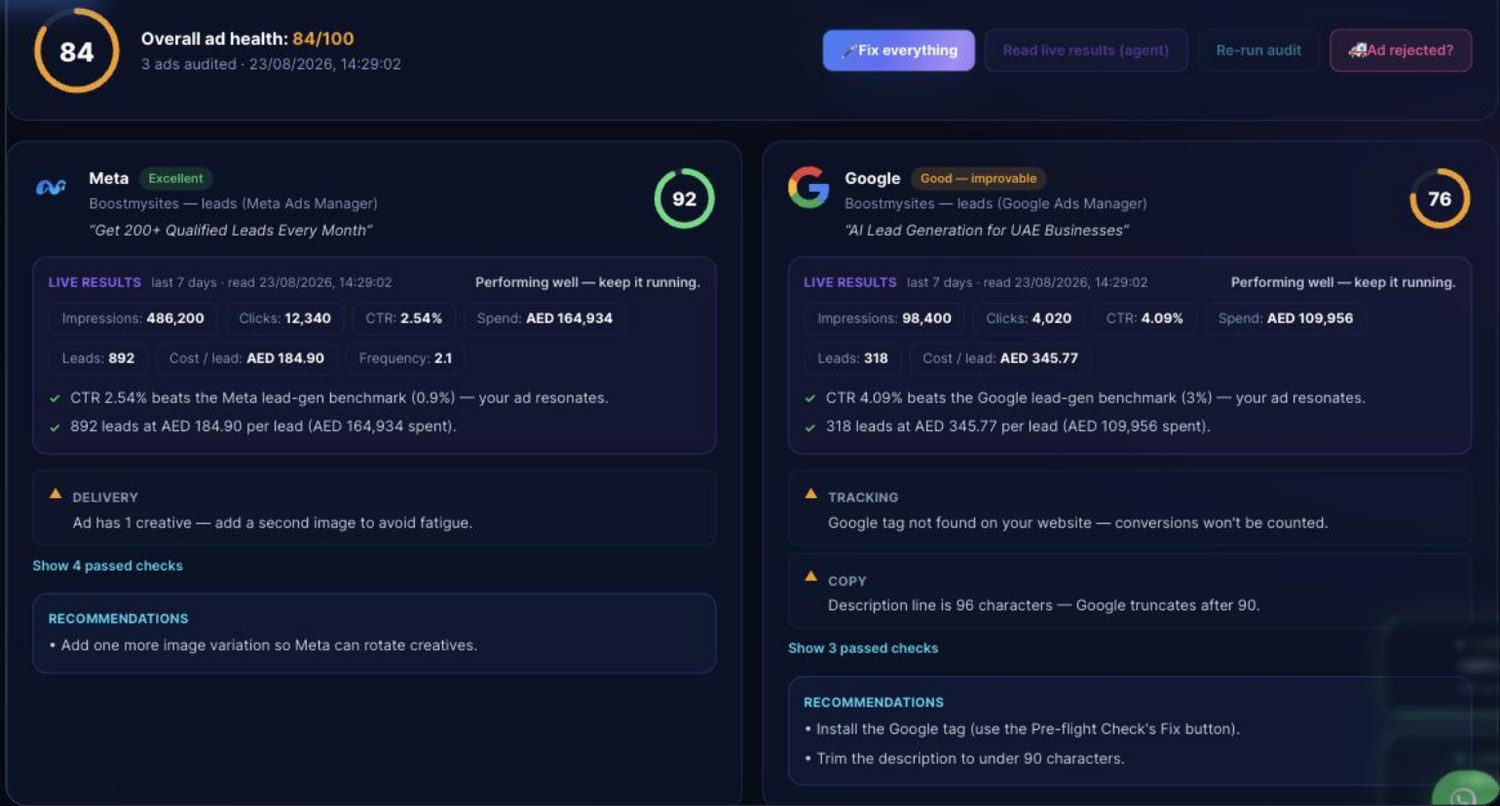 Ad audit — Meta scored 92, Google scored 76, with live results and recommendations