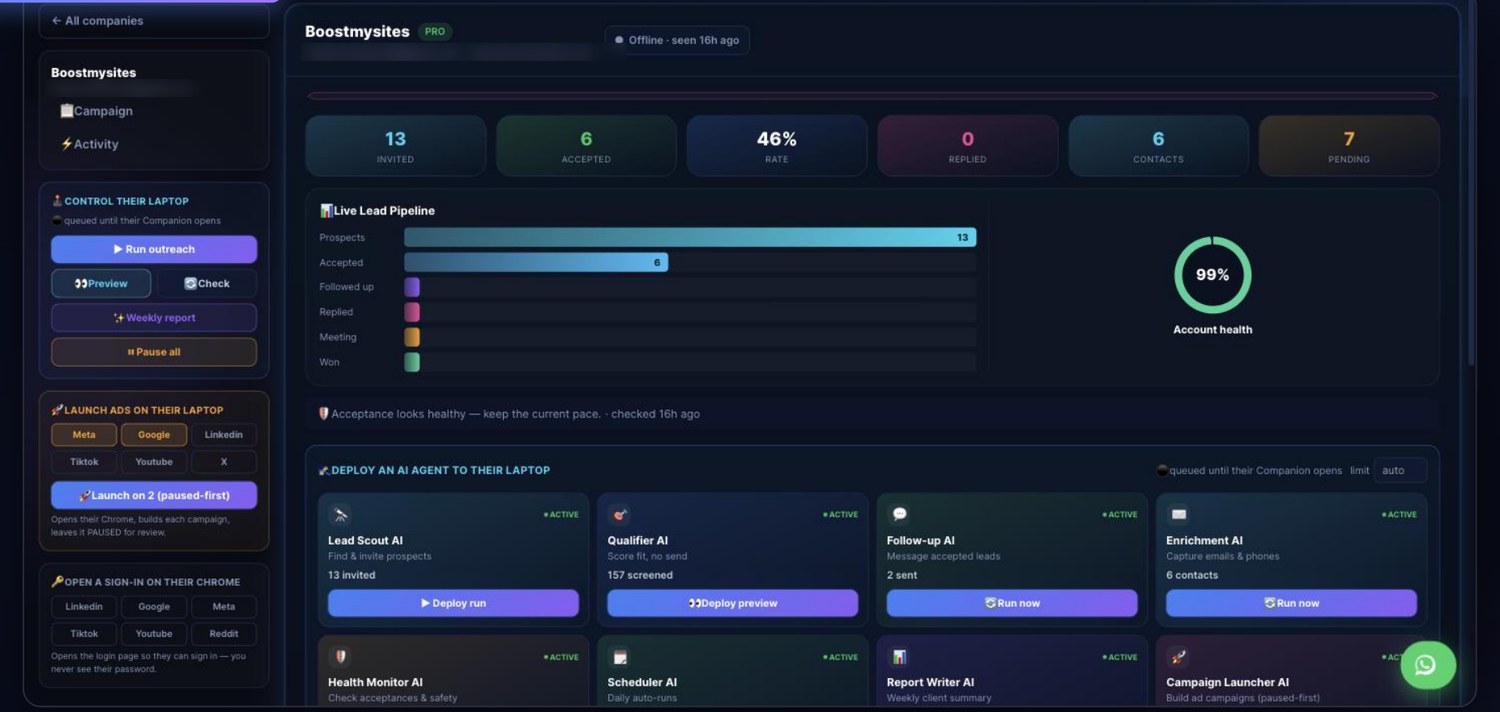 Live client command room — lead pipeline, account health, laptop controls and eight deployable AI agents