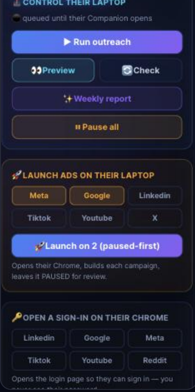 Laptop control panel — run outreach, launch ads on six platforms, open a sign-in window